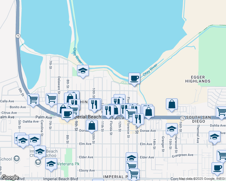 map of restaurants, bars, coffee shops, grocery stores, and more near 534 Florida Street in Imperial Beach