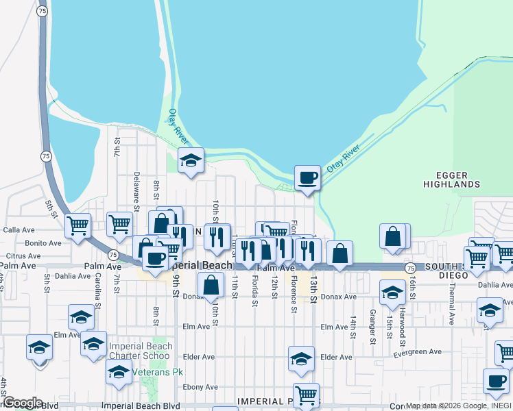 map of restaurants, bars, coffee shops, grocery stores, and more near 534 Florida Street in Imperial Beach