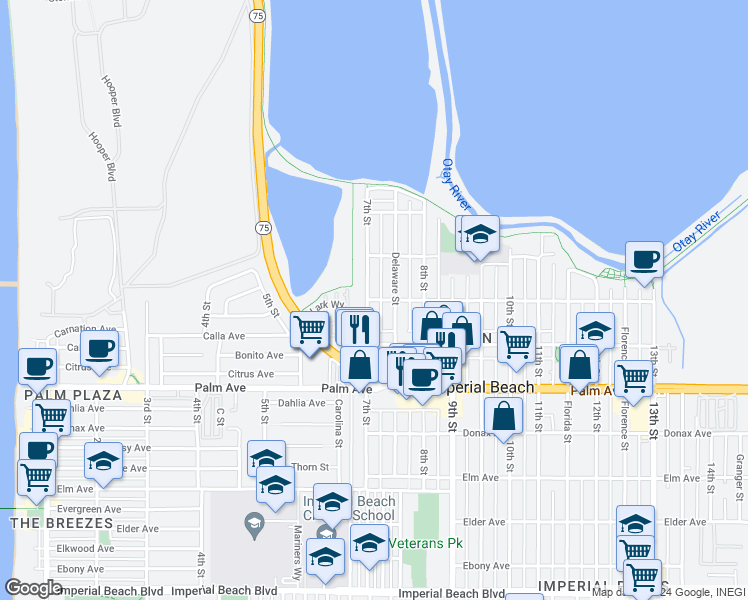 map of restaurants, bars, coffee shops, grocery stores, and more near 536 Delaware Street in Imperial Beach