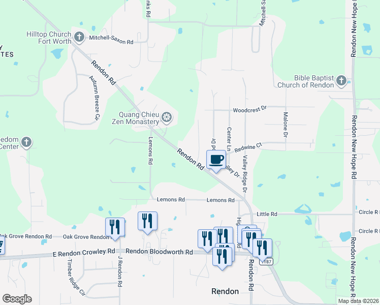 map of restaurants, bars, coffee shops, grocery stores, and more near 5355 Rendon Road in Fort Worth