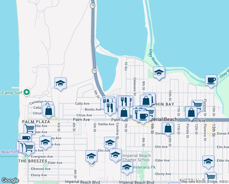 map of restaurants, bars, coffee shops, grocery stores, and more near 509 Heron Lane in Imperial Beach