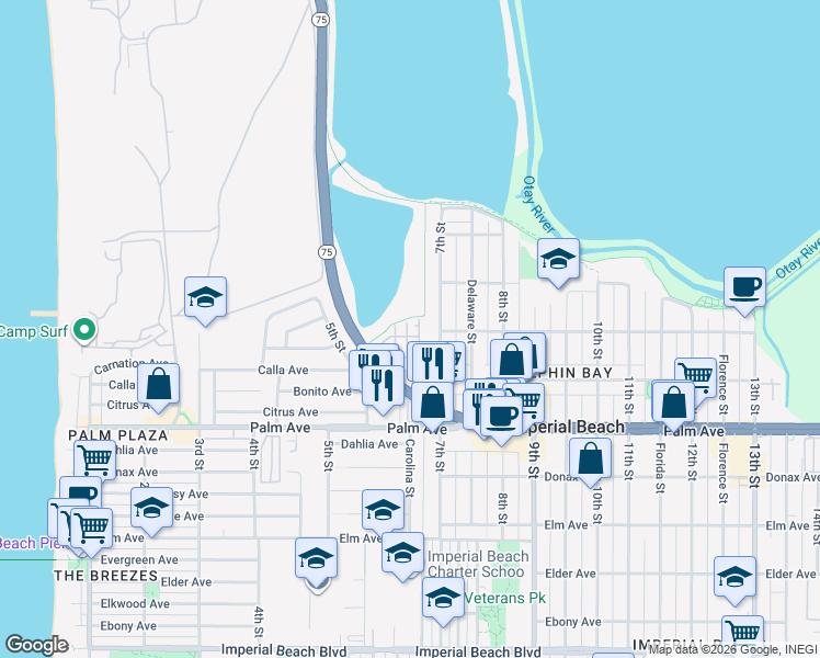 map of restaurants, bars, coffee shops, grocery stores, and more near 530 7th Street in Imperial Beach