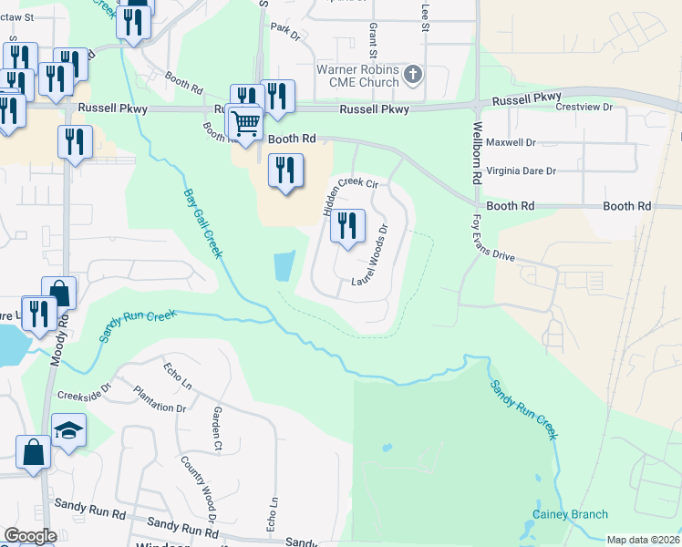 map of restaurants, bars, coffee shops, grocery stores, and more near 117 Laurel Woods Drive in Warner Robins