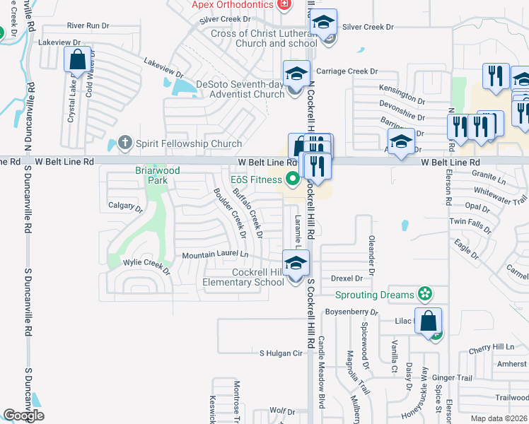 map of restaurants, bars, coffee shops, grocery stores, and more near 209 Balsam Grove Circle in DeSoto