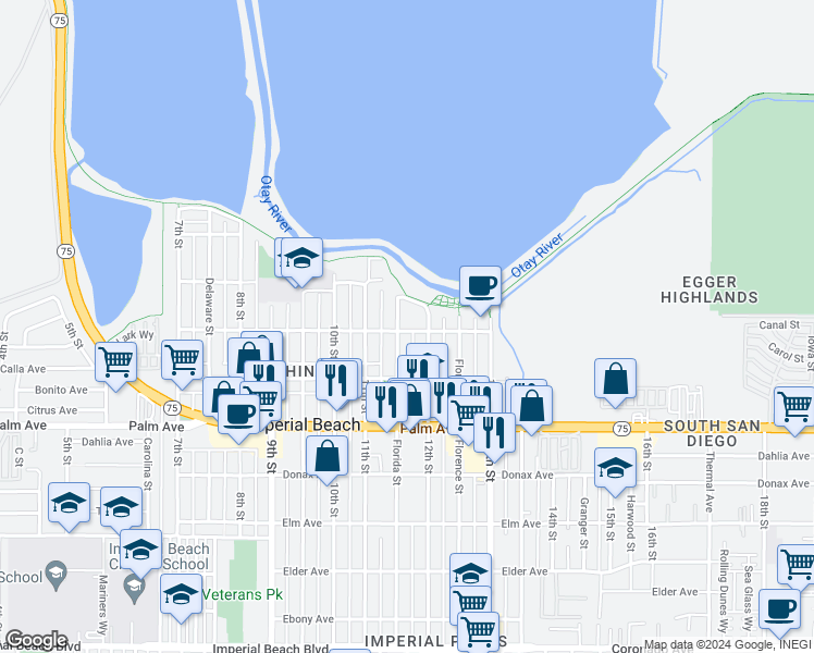 map of restaurants, bars, coffee shops, grocery stores, and more near 534 Florida Street in Imperial Beach