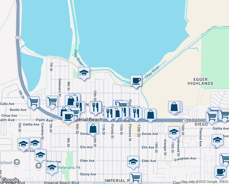 map of restaurants, bars, coffee shops, grocery stores, and more near 534 Florida Street in Imperial Beach