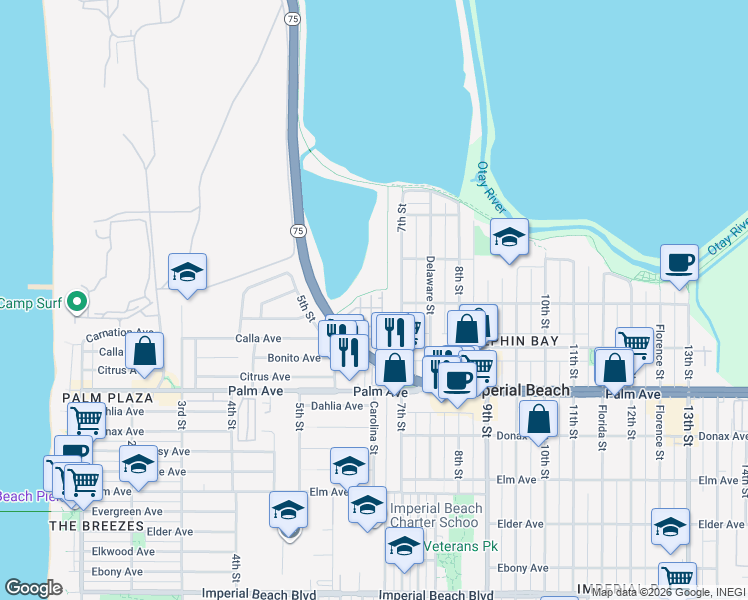 map of restaurants, bars, coffee shops, grocery stores, and more near 530 7th Street in Imperial Beach
