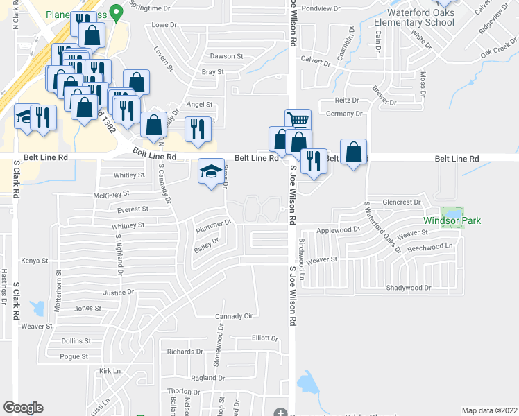 map of restaurants, bars, coffee shops, grocery stores, and more near 201 South Joe Wilson Road in Cedar Hill