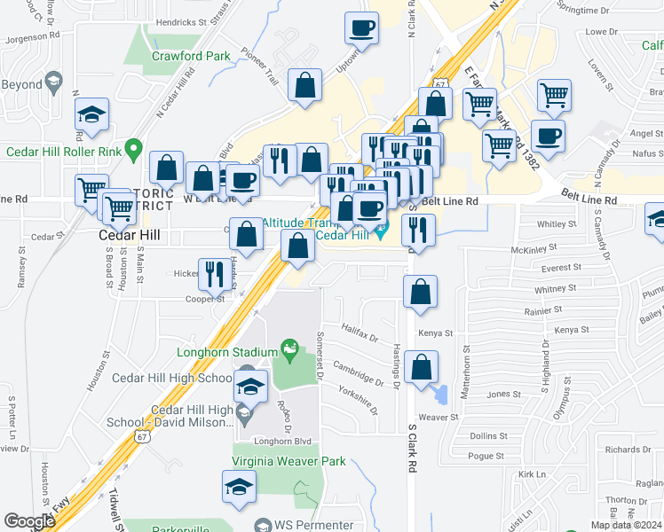 map of restaurants, bars, coffee shops, grocery stores, and more near 150 Highway 67 in Cedar Hill