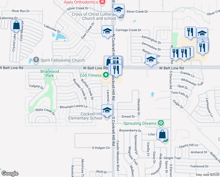 map of restaurants, bars, coffee shops, grocery stores, and more near 130 South Cockrell Hill Road in DeSoto