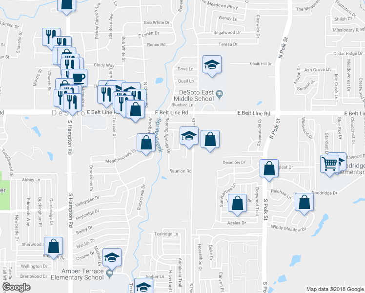 map of restaurants, bars, coffee shops, grocery stores, and more near 523 Highlands Drive in DeSoto