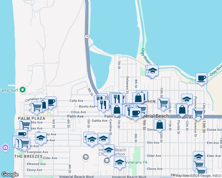 map of restaurants, bars, coffee shops, grocery stores, and more near 501 Turnstone Lane in Imperial Beach