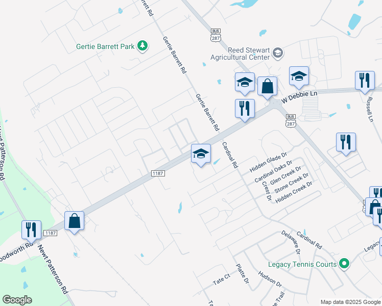 map of restaurants, bars, coffee shops, grocery stores, and more near 1701 Farm to Market Road 1187 in Mansfield