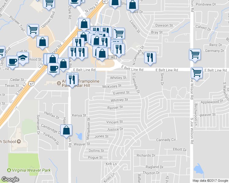 map of restaurants, bars, coffee shops, grocery stores, and more near 438 Everest Drive in Cedar Hill