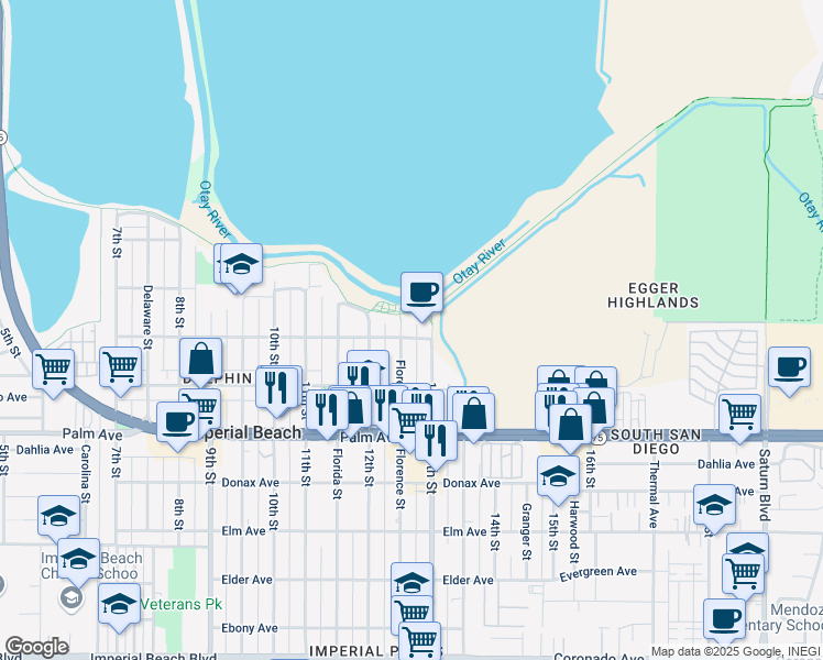 map of restaurants, bars, coffee shops, grocery stores, and more near 535 Florence Street in Imperial Beach