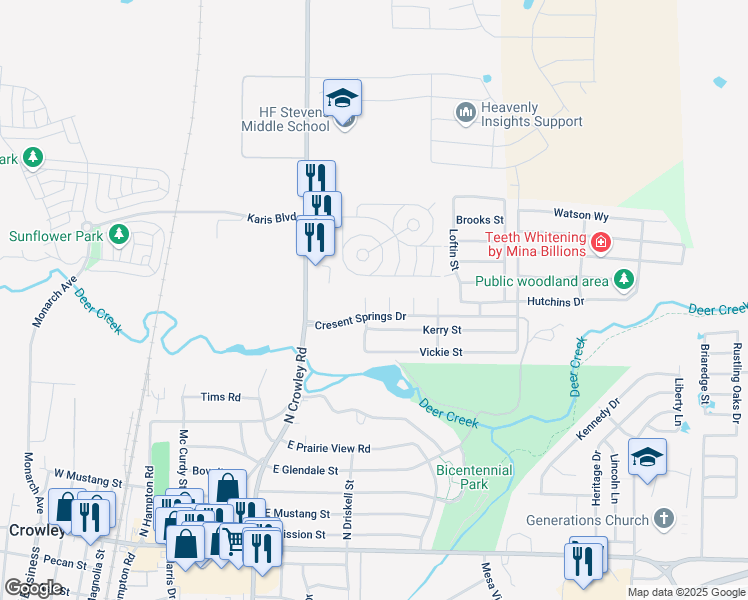 map of restaurants, bars, coffee shops, grocery stores, and more near 713 Jetton Court in Crowley