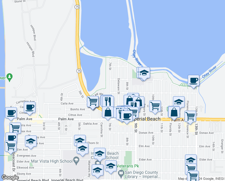 map of restaurants, bars, coffee shops, grocery stores, and more near 720 Cypress Avenue in Imperial Beach