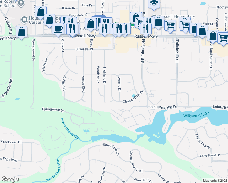 map of restaurants, bars, coffee shops, grocery stores, and more near 116 Cherren Dale Drive in Warner Robins