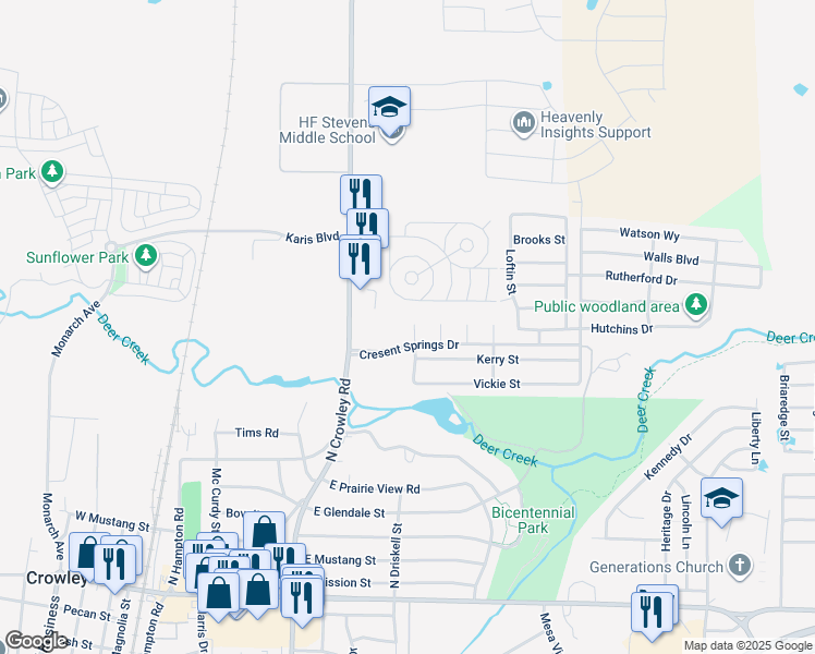 map of restaurants, bars, coffee shops, grocery stores, and more near 713 Jetton Court in Crowley