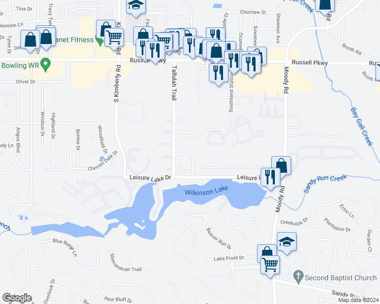 map of restaurants, bars, coffee shops, grocery stores, and more near 130 Lake Pointe Drive in Warner Robins