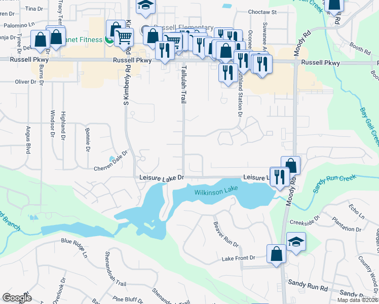 map of restaurants, bars, coffee shops, grocery stores, and more near 142 Lake Pointe Drive in Warner Robins