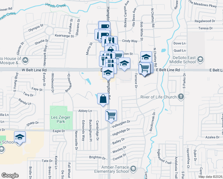 map of restaurants, bars, coffee shops, grocery stores, and more near 218 South Hampton Road in DeSoto