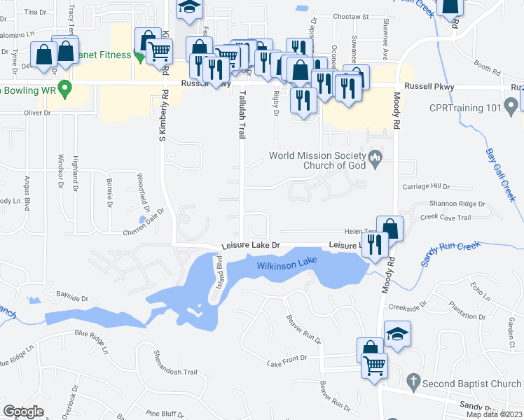 map of restaurants, bars, coffee shops, grocery stores, and more near 132 Lake Pointe Drive in Warner Robins