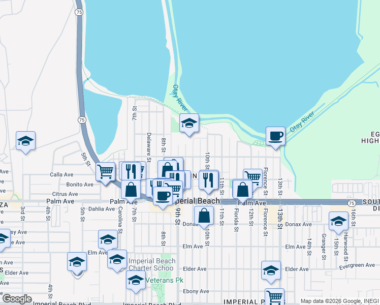 map of restaurants, bars, coffee shops, grocery stores, and more near 535 9th Street in Imperial Beach