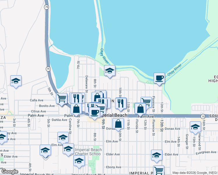 map of restaurants, bars, coffee shops, grocery stores, and more near 535 9th Street in Imperial Beach