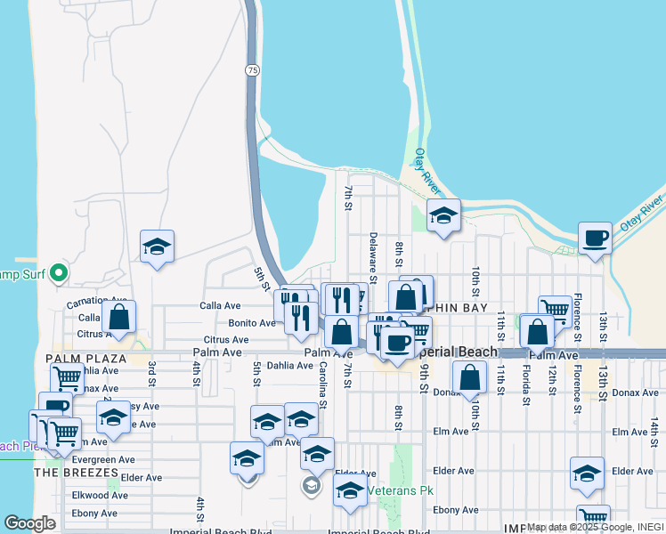map of restaurants, bars, coffee shops, grocery stores, and more near 530 7th Street in Imperial Beach