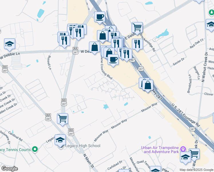 map of restaurants, bars, coffee shops, grocery stores, and more near 1701 Towne Crossing Boulevard in Mansfield
