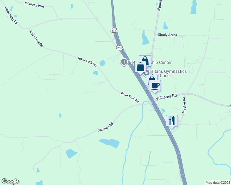 map of restaurants, bars, coffee shops, grocery stores, and more near 217 River Fork Road in Wetumpka