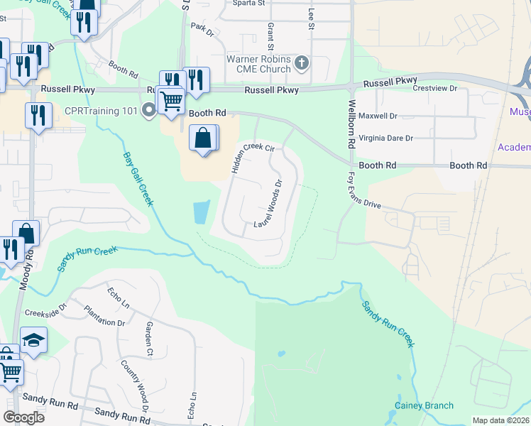 map of restaurants, bars, coffee shops, grocery stores, and more near 206 Hidden Creek Circle in Warner Robins