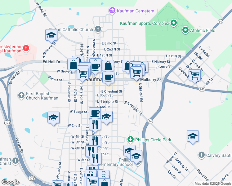map of restaurants, bars, coffee shops, grocery stores, and more near 302 S Wilson St in Kaufman