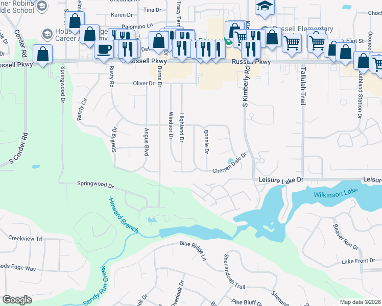 map of restaurants, bars, coffee shops, grocery stores, and more near 116 Cherren Dale Drive in Warner Robins