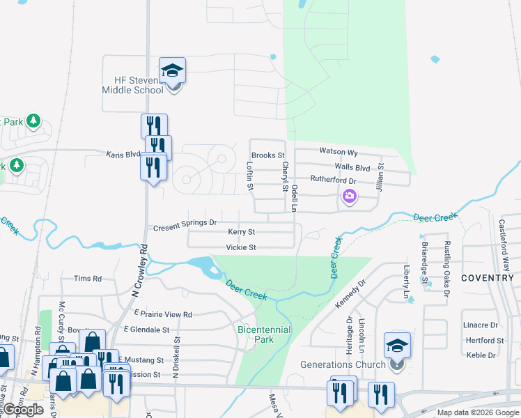 map of restaurants, bars, coffee shops, grocery stores, and more near 625 Hutchins Drive in Crowley