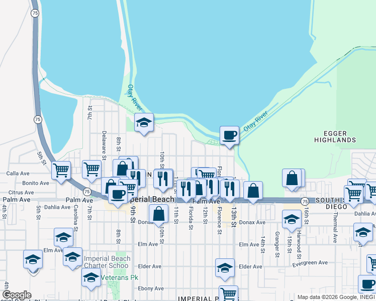 map of restaurants, bars, coffee shops, grocery stores, and more near 534 Florida Street in Imperial Beach