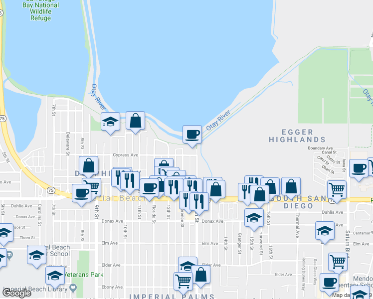 map of restaurants, bars, coffee shops, grocery stores, and more near 535 Florence Street in Imperial Beach