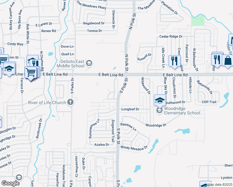 map of restaurants, bars, coffee shops, grocery stores, and more near 208 South Polk Street in DeSoto