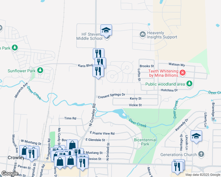 map of restaurants, bars, coffee shops, grocery stores, and more near 713 Jetton Court in Crowley