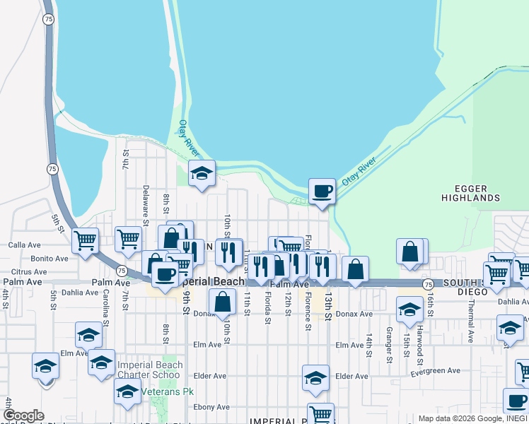 map of restaurants, bars, coffee shops, grocery stores, and more near 534 Florida Street in Imperial Beach