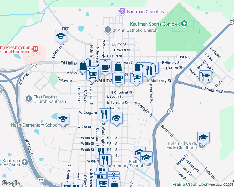 map of restaurants, bars, coffee shops, grocery stores, and more near 300 East Chestnut Street in Kaufman