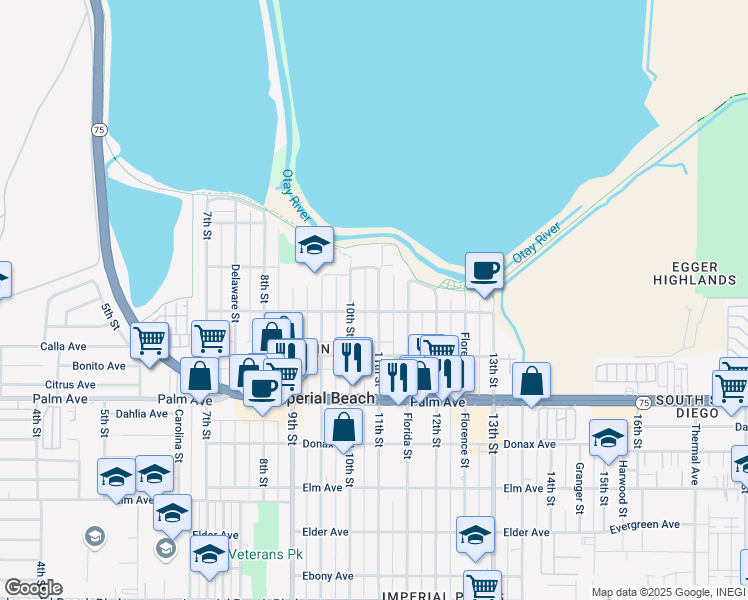map of restaurants, bars, coffee shops, grocery stores, and more near 532 11th Street in Imperial Beach