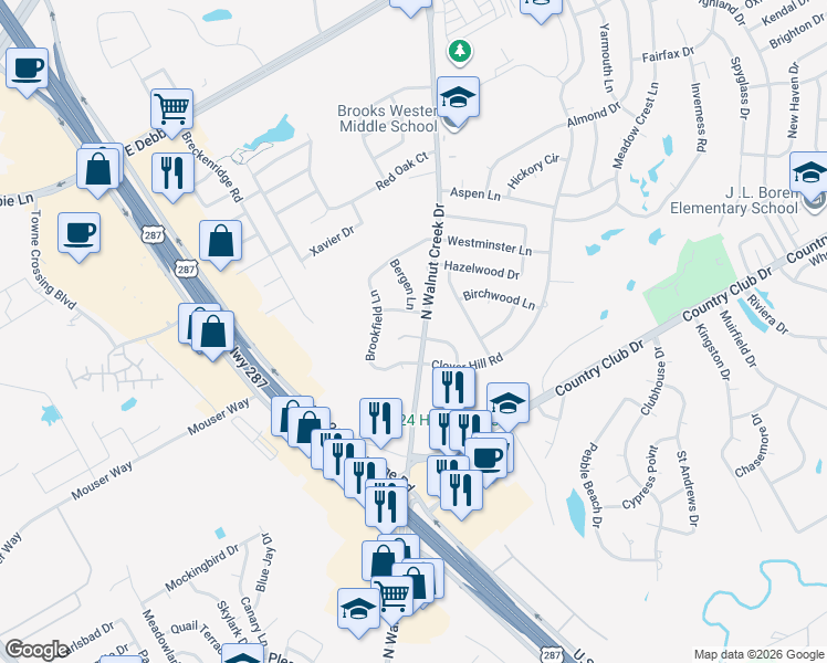 map of restaurants, bars, coffee shops, grocery stores, and more near Walnut Creek in Mansfield
