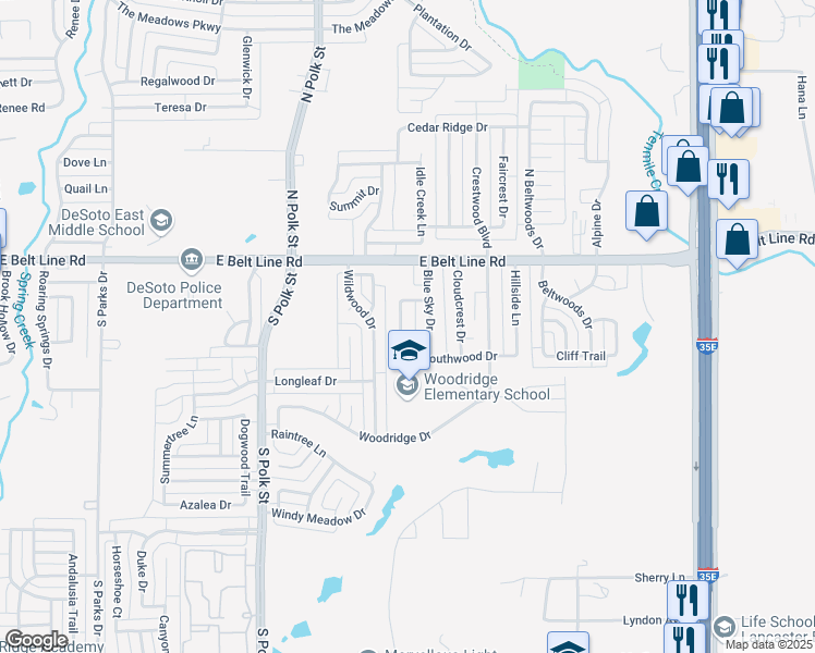 map of restaurants, bars, coffee shops, grocery stores, and more near 140 Stardust Lane in DeSoto