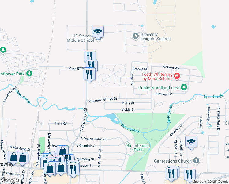 map of restaurants, bars, coffee shops, grocery stores, and more near 712 Collett Court in Crowley