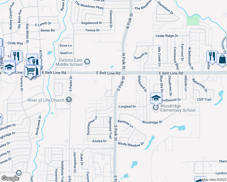 map of restaurants, bars, coffee shops, grocery stores, and more near 208 South Polk Street in DeSoto