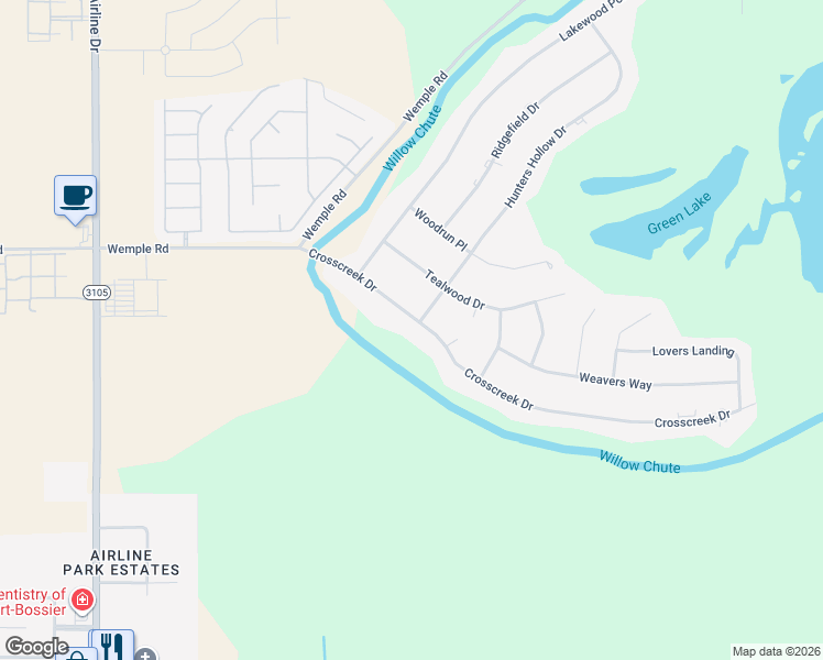 map of restaurants, bars, coffee shops, grocery stores, and more near 200 Crosscreek Drive in Bossier City