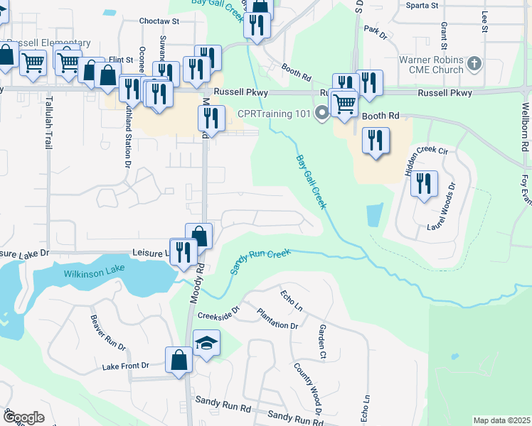map of restaurants, bars, coffee shops, grocery stores, and more near 26 Shannon Ridge Drive in Warner Robins