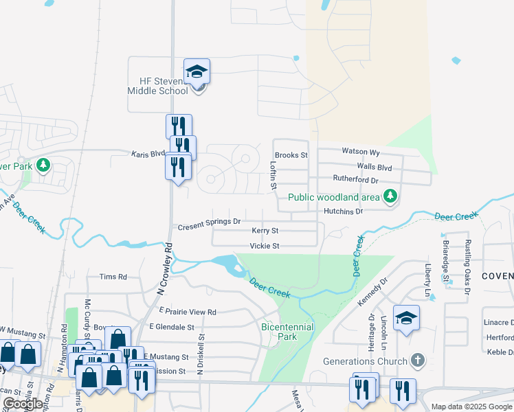 map of restaurants, bars, coffee shops, grocery stores, and more near 713 Allen Court in Crowley